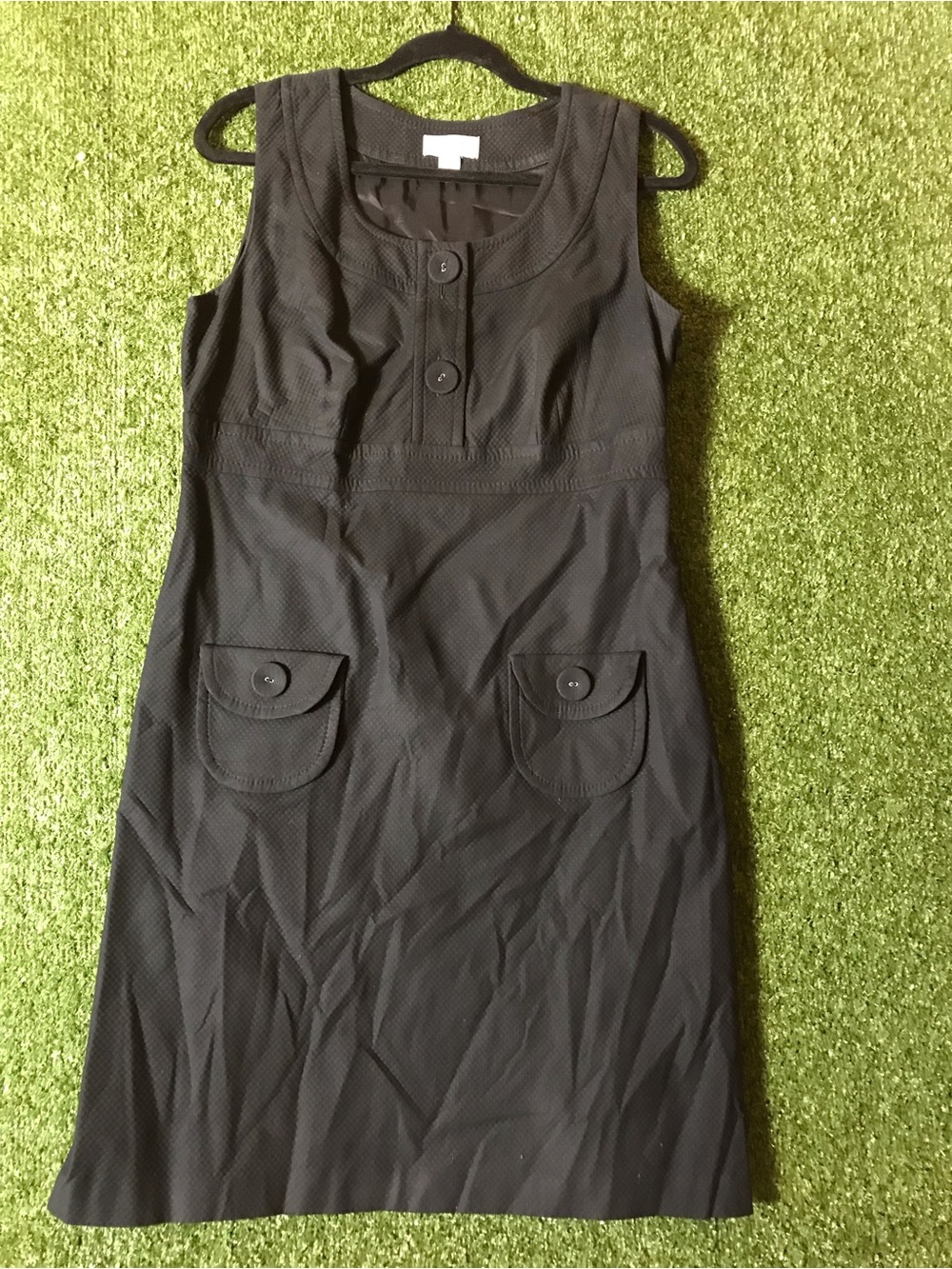 LOFT Black Sleeveless Textured A-Line Midi Dress with Front Pockets